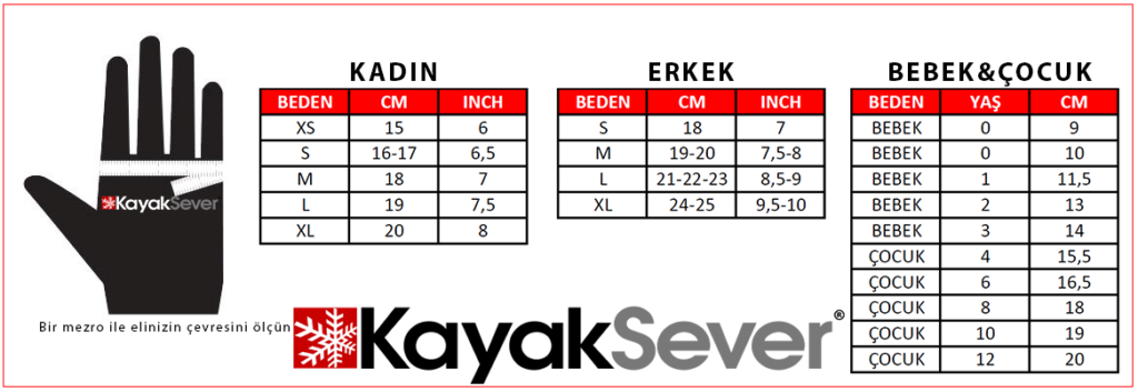 Kayak ve Snowboard Eldiveni Ölçü Tablosu